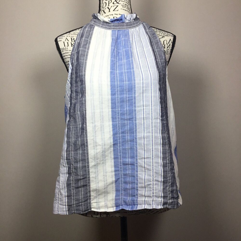 White, blue, grey striped coastal top ruffle neck sleeveless 99% cotton beach S